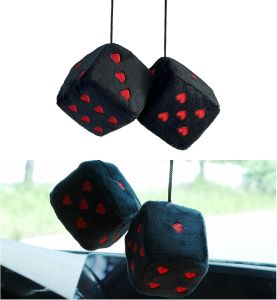 1 Pair 7cm Fuzzy Plush Dice Heart Shape Decor for Car Rearview Mirror Retro Square Decoration Dice for Car Hanging Accessories