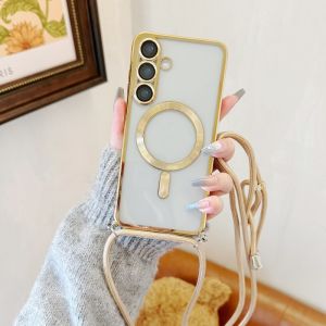 Magnetic Case For Samsung Galaxy S26 Ultra S25 FE S21 S22 S23 S24 Plus Wireless Clear Plating Strap Crossbody Lanyard Soft Cover