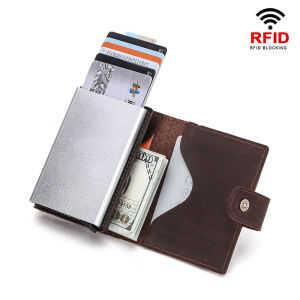 กระเป๋าใส่เงินของผู้ชายหนังแท้หนังเครซีฮอร์สกล่องอลูมิเนียมกระเป๋าใส่บัตรเครดิตอัตโนมัติเคสบัตรป๊อปอัพ RFID การปิดกั้น