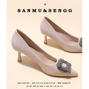 French Nude Pointed Toe High Heels Crystal Square Buckle New Style 2025 Spring Elegance Leather Thin Heel Open-Toe Women Shoes