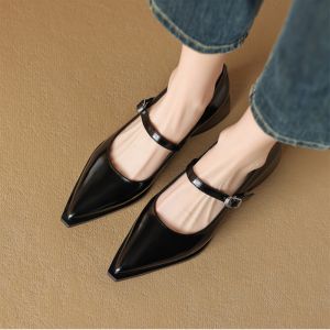 French Vintage Pointed Toe Mini Leather Shoes Womens Chunky Heel Real Leather Mary Jane High Heels Fashionable Casual Slip-On