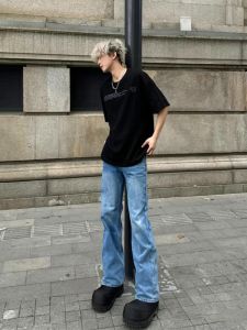 ZHUOCAN | Summer Trendy Cleanfit Deep Blue Bell-bottom Straight Jeans