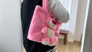 Túi tote Gấu Dâu Lotso màu hồng nhạt dễ thương Túi đeo vai thiết kế gấu Lotso khóa bấm cute _ TingTing