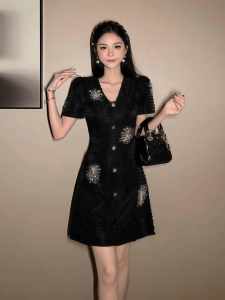 Elegant High Waist A-Line Mini Dress V-Neckline Short Sleeve Solid Color Womens Fashion Dress Ladylike Waist Cinching Black Dress