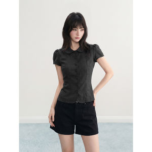 ARCG | Black Short-sleeve Slim Fit Cinched Waist Peter Pan Collar Shirt