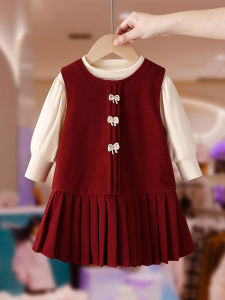 Girls Winter Outfit Vest Dress Set New Year Clothes Autumn Winter 2025 New Style Baby One Year Old Ceremony Dress Childrens Winter Clothing
