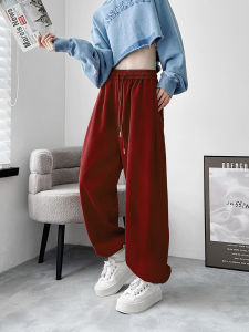 Wine Red plus Size High Waist Wide Leg Pants Loose Straight Casual Trousers for plus Size Women Spring Season Drawstring Cuffed Sweatpants