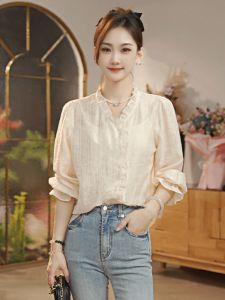 เสื้อเชิ้ตคอตั้งแขนยาวทรงหลวมสำหรับผู้หญิง ฤดูใบไม้ร่วง 2024 สไตล์ฝรั่งเศส คอตั้ง ขอบไม้ เสื้อเชิ้ตทรงเข้ารูป