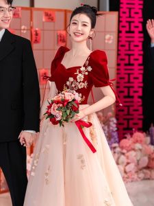 Elegant Princess Style Wedding Dress for Brides Short Sleeve Long Skirt Customizable Engagement Party Return Home Casual Wear