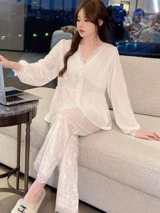 Elegant Snowflake Fleece Sleepwear Set Womens Lace Trim Home Clothes Outwear Long Sleeve V-Neck Button-Up Anti-Static Polyester Fiber