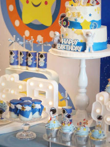 การตกแต่งโต๊ะขนมสำหรับนักบินอวกาศ ชิ้นส่วนดีไซน์รูปผู้ชายในอวกาศ ดาวเคราะห์ เข็มขัดกระดาษ ขอบแก้วน้ำ ป้ายติดที่โต๊ะขนม ของเล่น ของขวัญ