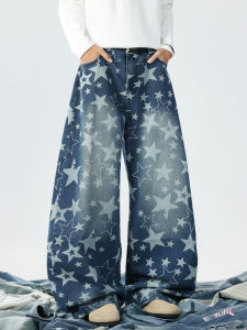 กางเกงยีนส์ทรงหลวมสไตล์อเมริกันย้อนยุคพร้อมลายดาวแบบลำลองสำหรับผู้ชาย ทรงหลวม กางเกงขายาว ทรงหลวม ทรงขากว้าง