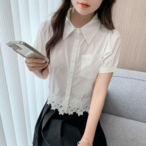 YIMEI แฟชั่นฝรั่งเศสแบบใหม่สำหรับฤดูร้อน2025เสื้อลูกไม้ปักเสื้อเชิ้ตมีปกสั้นเสื้อผู้หญิงอารมณ์แขนสั้นเดินทาง