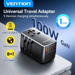 Vention PD 120W GaN Universal Travel Adapter Plug Socket 3 pin 2 pin International Travel Adaptor Conversion Fast Charger for iPhone 16 15 14 Pro Max Laptop Samsung US EU UK CN AU JP 3 Pin Plug Converter