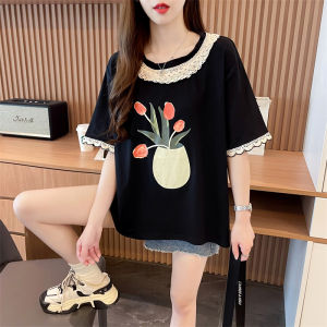 Summer New High Waist Short Sleeve Pure Cotton Womens T-shirt Small Size Floral Lace Splicing Top Commute Style round Neck