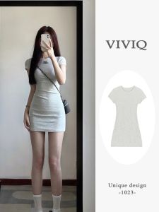 สีเทาเข้ม เอวซับ มินิเดรส ผู้หญิง ฤดูร้อน รูปแบบใหม่ หวาน และเผ็ด กระโปรงสั้น สไตล์ความงามเย็น Viviq แขนสั้นคอกลม ทรงเอ เดรส