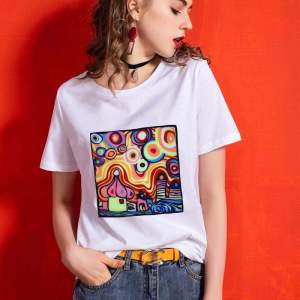 เสื้อยืดแขนสั้นผ้าฝ้ายแท้คุณภาพสูงสำหรับผู้หญิง ทรงหลวม ทรงไหล่ ลายพิมพ์น้ำสีน้ำเงิน ทรงหลวม ทรงหลวม ทรงหลวม