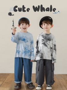 High Elasticity Long Sleeve round Neck Dyed T-Shirt for Boys Loose Whale Print Vertical Stripe Breathable Casual Cotton Blend Top