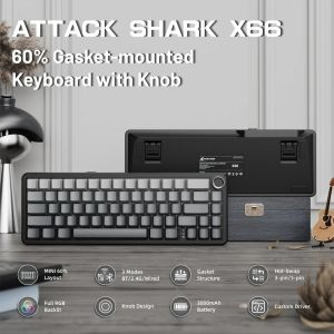 ATTACK SHARK | Attack Shark X66 Gasket Wireless Mechanical Gaming Keyboard with Volume Knob RGB Backlit Side Printed PBT Keycaps