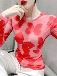 Elegant Floral Print Mesh Long Sleeve T-Shirt Womens Autumn Fashion Age-Defying Base Layer Top Street Style Creative Pattern