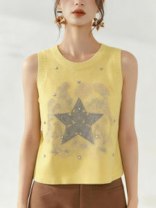 QINGNAER | Cute Style Youthful Casual Plus Size Rhinestone Sleeveless Knit Vest