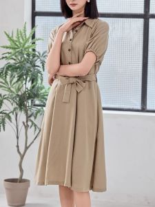 WANGGONGZHU | Slimming Short Sleeve Tencel Shirt Collar A-Line Midi Dress Women Summer Princess Style Pure Color Waist-Cinching Gown