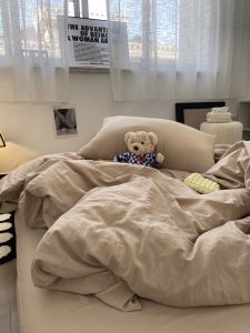 Retro Wabi-Sabi Washed Cotton Four-Piece Bedding Set Pure Color Three-Piece Coverlet Dormitory Quilt Cover 1.8 Warmth Retention