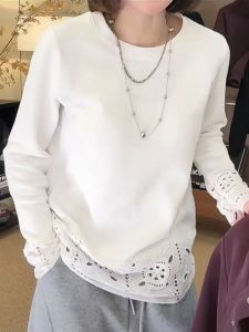 Elegant Lace Splice Long Sleeve T-Shirt plus Size Womens Fashion Korean Style White Base Layer Meat Concealing Top