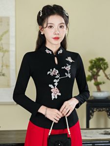 เสื้อยืดคอตตอนแขนยาวปักลายสไตล์จีนสำหรับผู้หญิง ฤดูใบไม้ผลิ 2025 เสื้อเชิ้ตคอตตอนแท้ทรงสลิมฟิตสำหรับใส่ทำงาน