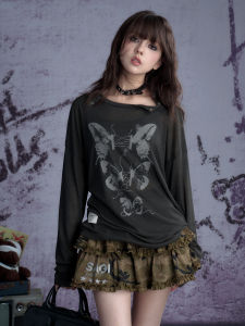 SagiDolls Carbon Grey Butterfly Knitted Cover up Loose Fit Cool Style Womens T-Shirt Linear Pattern Casual Summer Top