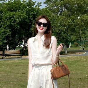 VKSOD | Summer 2025 French Elegant Old Money Style Polo Neck Sleeveless Shirt Top Casual Pants Two Piece Set Buttoning Long Sleeve Shirt