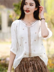 Loose V-Neck Cotton Linen Shirt Womens Casual Style Summer New Loose Fit Overhead Top Retro T-Shirt for Mom Elderly Women