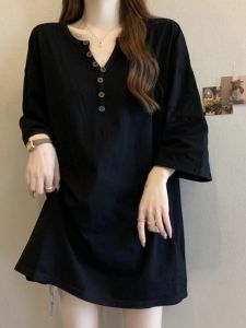 Korean Style Casual Pure Color plus Size Womens T-Shirt Summer New Arrival Simple Design Comfortable Fit Button Detail Top