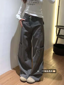 American Retro Grey Work Pants Womens High Waist Loose Small Size Wide Leg Slim Straight Jeans Casual Autumn Winter Fashion