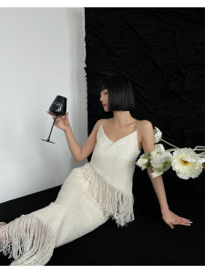 Summer New Style Womens Fashion Set with Tassel Irregular Strap + Mid-Length Skirt Two-Piece Set Polyester Material