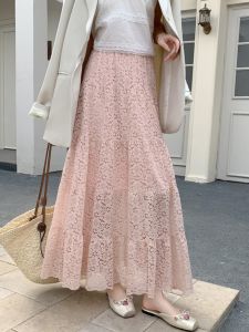 Elegant Lace Splice Half Skirt Womens Spring Summer New High Waist Draping Large Swing Long Skirt Gentle Style A-Line Skirt