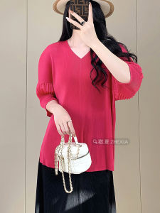 Spring New Style Womens Folded V-neck T-shirt Elegant Plump Micro Design High Quality Straight Tube Pure Color Polyester Lantern Sleeve