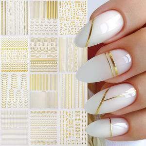 1Pcs 3D Gold French Tips Nail Stickers Metal Curve/Stripe/Swirl/Geometric Self-Adhesive Silder Luxury Manicure Decoration Decals