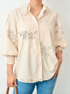 Kemeja Wanita Korean Style Renda Adisthi Cream Bordir Manik Silk Mewah Oversize Jumbo Bigsize