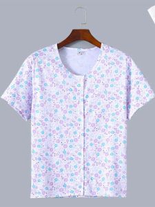 Middle-Aged and Elderly Pure Cotton Vest Pajamas Female Summer Thin Short-Sleeved Women Cardigan Ladieswear Elderly Undershirt Home Wear