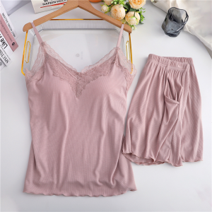 Summer Loose Fit Modal Wood Ear Flap Strap Vest Shorts Sleepwear Set for Women with Integrated Bra One-Piece