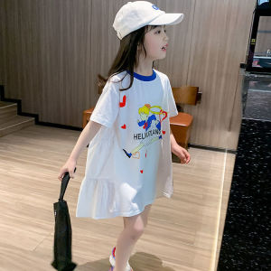Little DR Dress for Kids Girls Summer Short Sleeve White Skirts Teenage Beach Children Baby Clothes 2023 INS Fashion Casual Cartoon Printed Princess Birthday Party baju raya