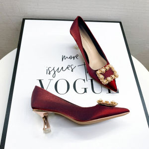 Giày Cao Gót Màu Đỏ Đính Nút Vuông Giày Cưới Mũi Nhọn Giày Phụ Nữ Thường Ngày Giày Cao Gót Mũi Nhọn Đế Cao Su PU