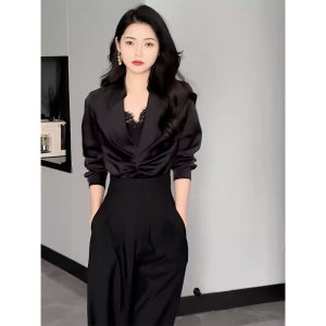 เสื้อเชิ้ตคอวีแขนยาวผู้หญิงดีไซน์ไฮเอนด์ ดีเทลผ้าลูกไม้ ทรงหลวม สไตล์ทำงาน ฤดูใบไม้ร่วง 2023