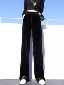 กางเกงขายาวผ้ากำมะหยี่สีดำเอวสูงทรงหลวมสำหรับผู้หญิง กางเกงขายาวทรงตรงลำลอง ทรงหลวม ฤดูใบไม้ผลิและฤดูใบไม้ร่วง