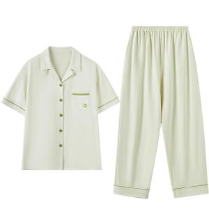 HODO | ชุดนอนผ้าฝ้ายโมดอลกันแบคทีเรียกันยุงกางเกงขายาวแขนสั้นสำหรับผู้ชายและผู้หญิง ชุดนอนอากาศเย็นฤดูร้อน Hodo แขนสั้น คอตตอน กางเกงขายาว