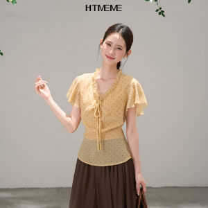 HTMEME | Áo Sơ Mi Tay Ngắn Phong Cách Pháp V-Neck Dây Kéo Bán Xuyên Thấu Hình Chấm Bi