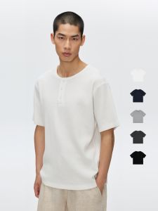 Cotton Loose White Leisure Short Sleeve Henley Collar Mens T-Shirt