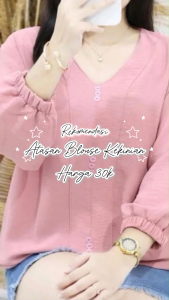 Atasan Wanita Blouse Wanita Kekinian Korean Style Lengan Karet Bahan Crinkle V-Kneck
