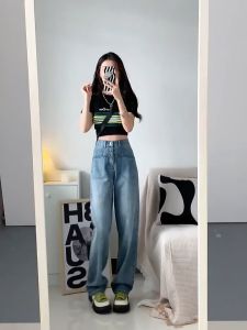 Ginciciกางเกงยีนส์ผู้หณิงเอวสูง ขากระบอก แต่งเอวแบบเก็บทรงสวย